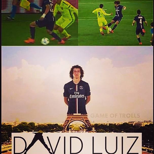 David Luiz beffato da Suarez in tunnel, nell&#39;andata dei quarti di Champions fra Psg e Barcellona (1-3): sui social il difensore brasiliano  accostato alla Tour Eiffel e l&#39;ironia scorre a fiumi...